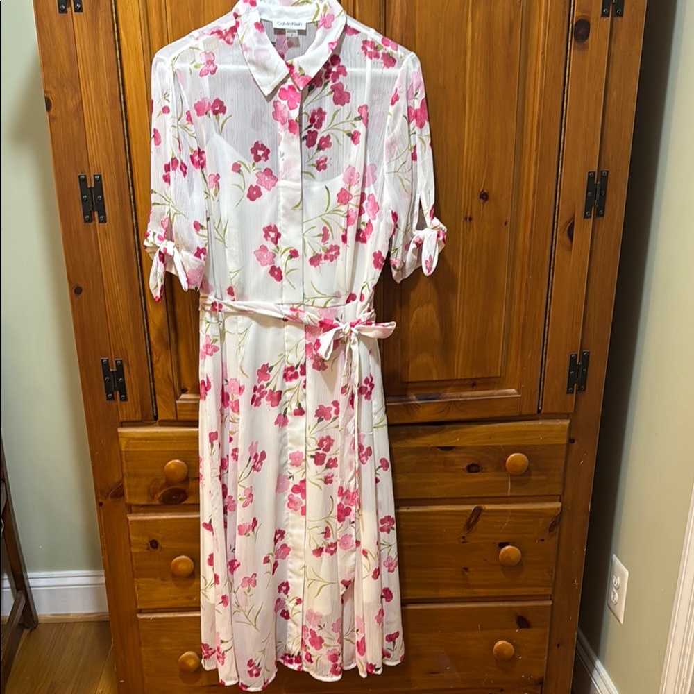 Calvin Klein Pink and White Floral Long Sleeve Dress